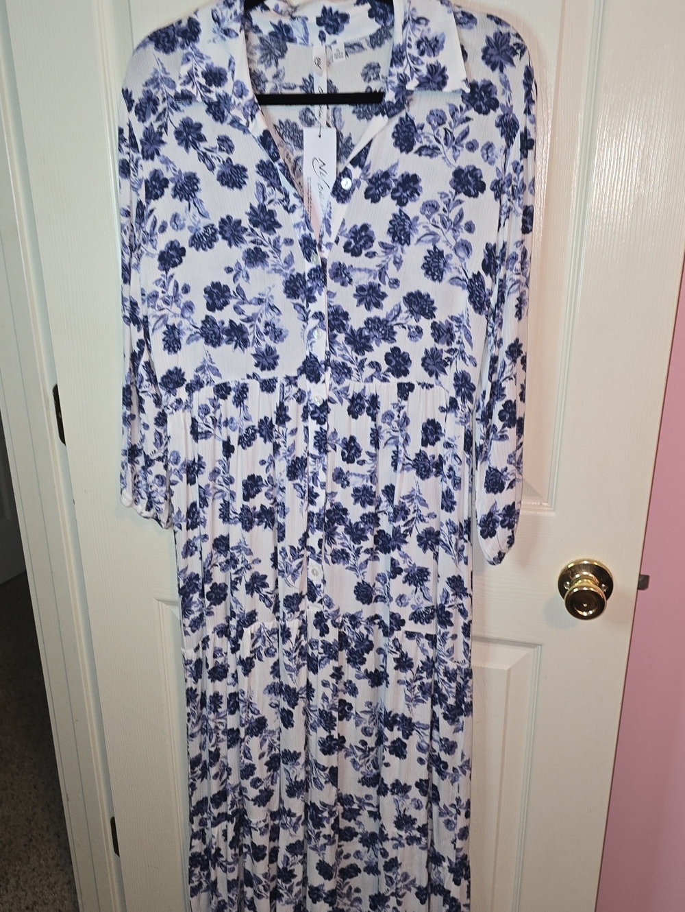 NY Collection White Maxi Dress with Blue Floral Print